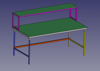 3D drawing in FreeCAD. The desk has a riser for placing power supplies, an oscilloscope and various tools.